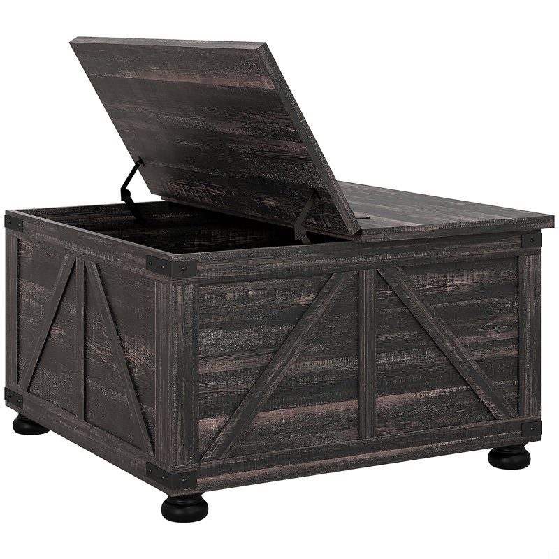 Table basse avec rangement, table basse carrée, table centrale en bois avec plateau relevable à charnières et espace caché