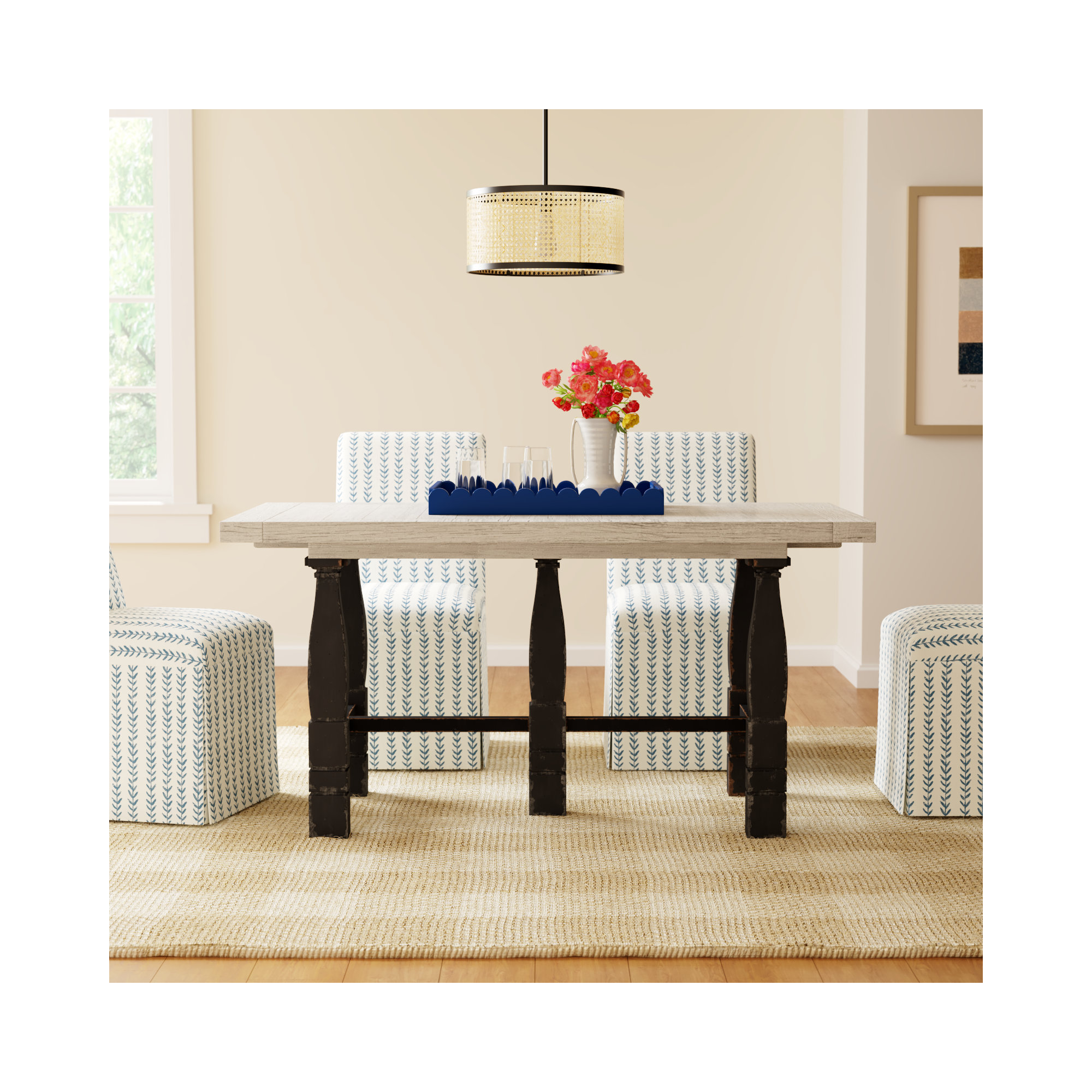 CiaoBella Extendable Dining Table, Flaky White Top/Black Base