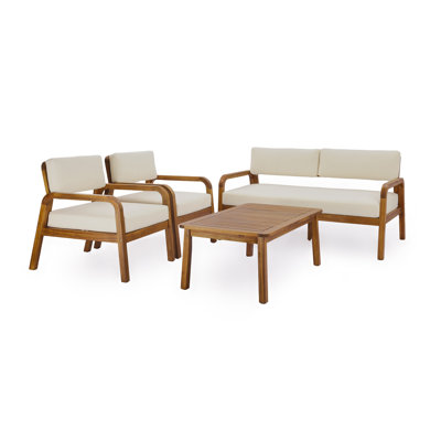 Ensemble de conversation pour canapé d'extérieur 4 pièces avec structure en bois d'acacia et coussins crème, finition teck