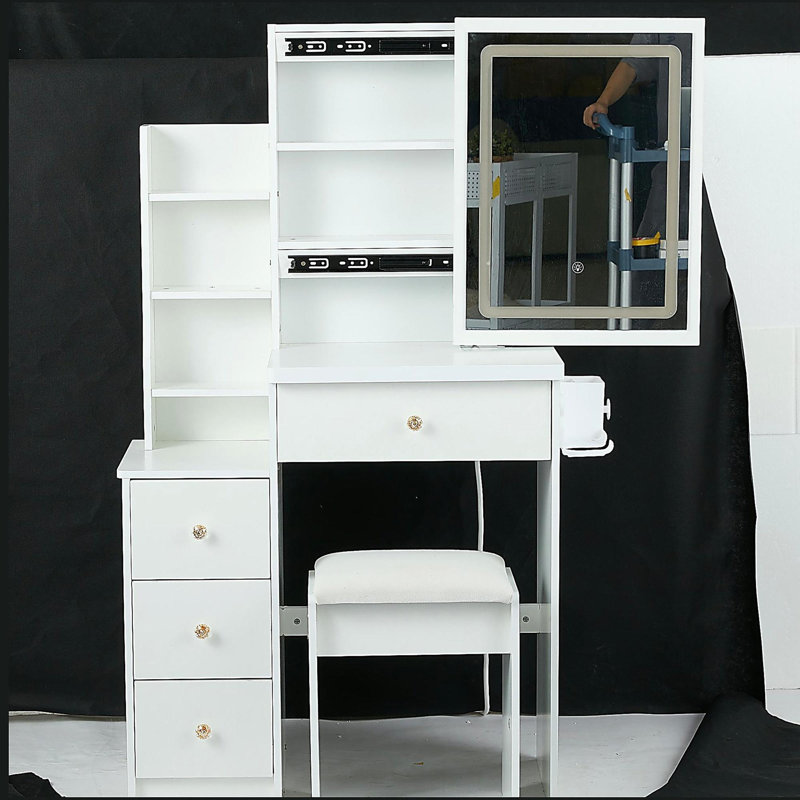 Petite coiffeuse 29,2 po avec tabouret de chevet gauche + tabouret rembourré, 2 blocs d'alimentation CA + 2 ports USB, support pour séchoir à cheveux, très grand miroir à DEL coulissant à commande tactile, changement de luminosité tricolore, réglage de la luminosité