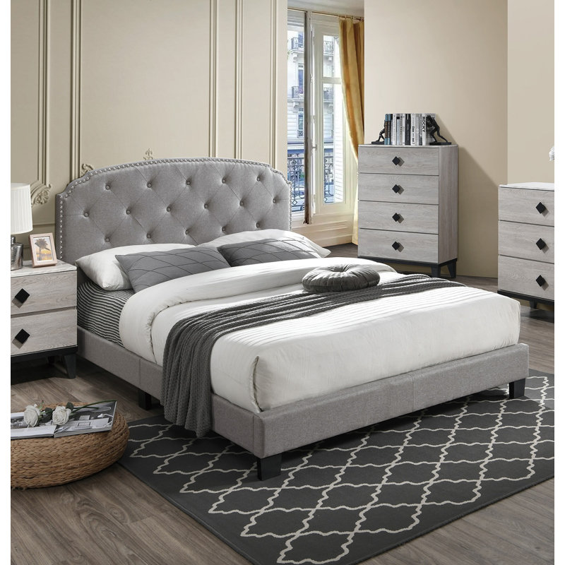 Lit plateforme tapissier en bois massif, Grand, Gris pale