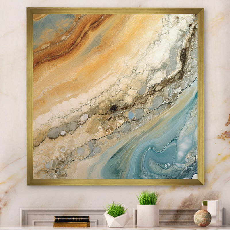 Beige bleu turquoise Symphony - impressions sur toile abstraites, H 36 po x l 36 po x P 1,5 po, Cadre doré à une seule photo