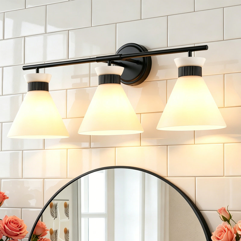 Kaylisa 3-Light Bathroom Dimmable Vanity Light with Frosted Glass Shades, Matte Black