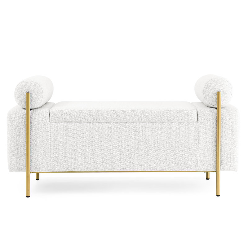 Upholstered Linen Storage Bench With Cylindrical Arms & Long-Lasting Metal Legs - White For Bedroom, Living Room, Hallway Iron Comfortable