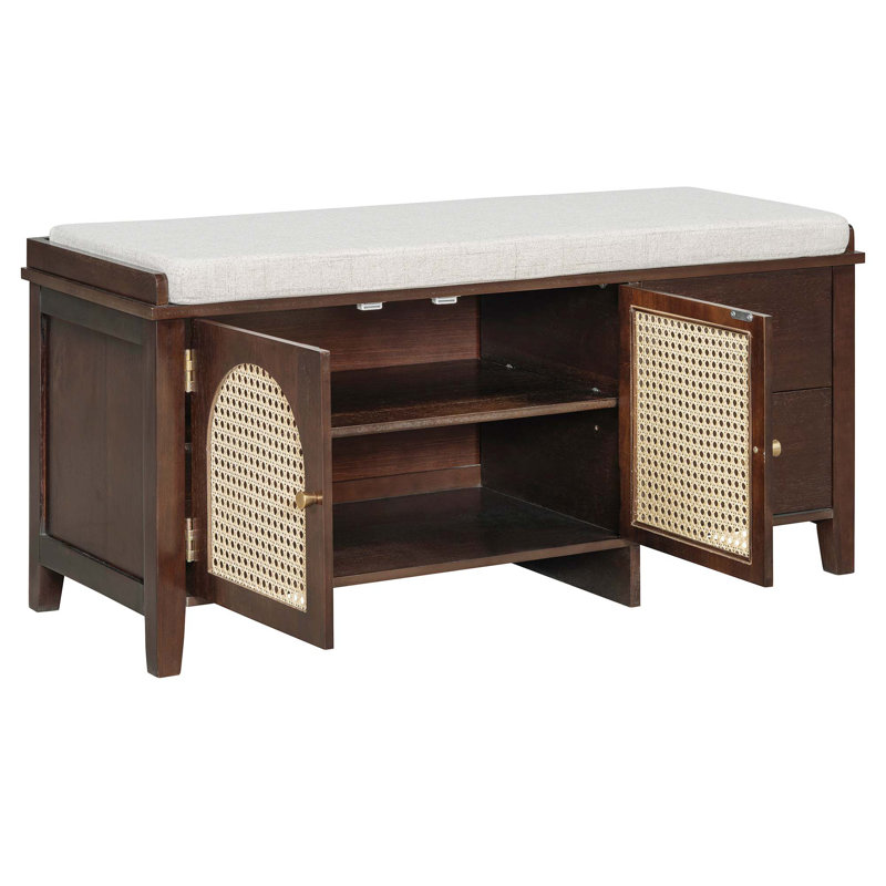 Banc de rangement avec 2 tiroirs et 2 portes en rotin pour l'entrée, la chambre à coucher et le salon, Espresso