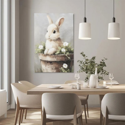 2D Flat, 1Pc Framed Canvas Wall Art, Little white rabbit, flower pot and daisy, realistic oil painting style Art Print Canvas Poster Painting Room Wal