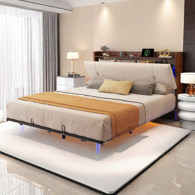 Lit plateforme tapissier avec rangement à DEL, Beige, Grand