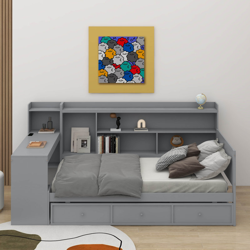 Lit de jour simple avec tiroirs et bureau, Gris