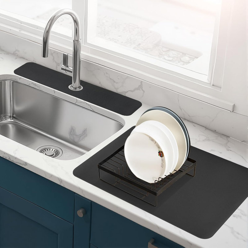 Black Dishcloth + Faucet Pad, Suitable For Kitchen Sink, Anti-Slip Rubber Bottom, Kitchen Sink Pad - 2-Piece Set