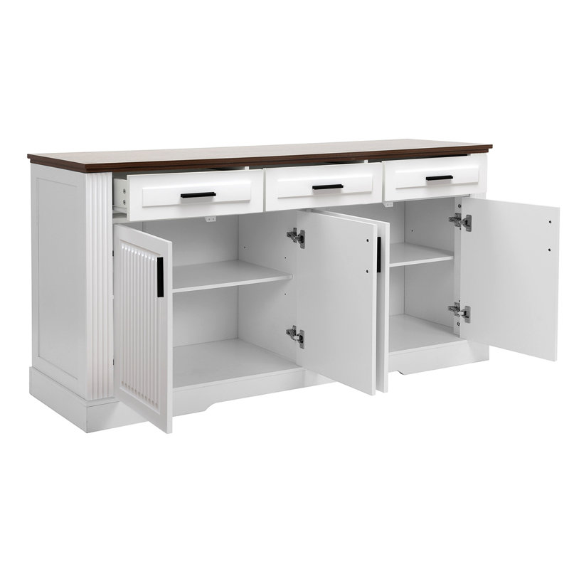 Table d'appoint cannelée 63 po, blanc, 4 portes, 3 grands tiroirs, commode de cuisine, tablettes réglables, poignées en métal, unité de rangement à bout rabattable, rangement spacieux, fonction coulissante en douceur