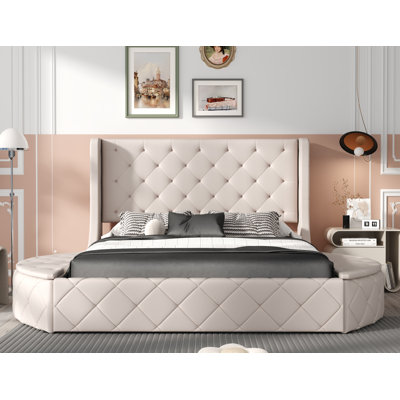 Upholstered Platform Bed Queen Size Storage Velvet Bed With Wingback Headboard
