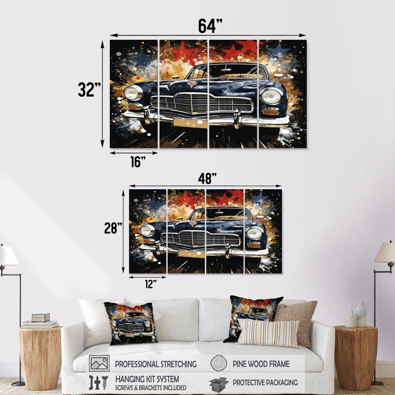 «Black American Classic American Car - Car Old American», art mural 4 pièces, H 32 po x l 64 po