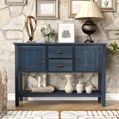 Console rétro 46 po en bois massif bleu marine, 2 tiroirs, armoires et tablette inférieure, buffet pour le salon et la cuisine
