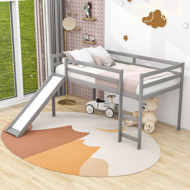Twin Size Wooden Loft Bed with Slide, Gray