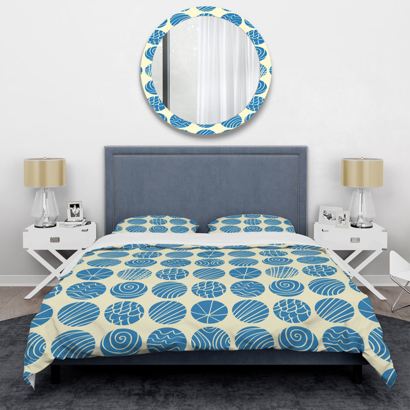 Motif de cercle bleu et crème - Ensemble de housse de couette abstrait - Microfibre de polyester
