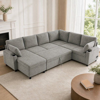 Versatile U-Shaped Sleeper Sofa With Storage, Charging Ports, Cup Holders, And Chenille Upholstery