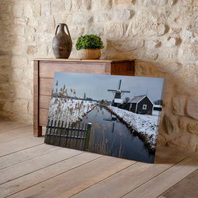 Canvas A Serene Winter Landscape Featuring A Tranquil Snow Covered Scene Wall Art With A Rustic Wooden Fence In The Foreground Canvas Wall Art
