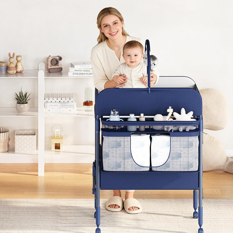 Table à langer réglable en hauteur pour bébé avec roulettes, station à couches pliable avec 2 tiroirs et rangement, organisateur de chambre de bébé mobile avec plateau imperméable pour les nouveau-nés