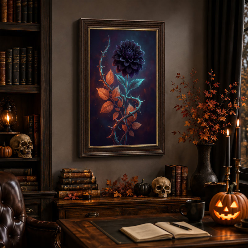 Tableau mural sur toile représentant un dahlia violet foncé à tige épineuse et motif d'Halloween, H 18 po x l 12 po