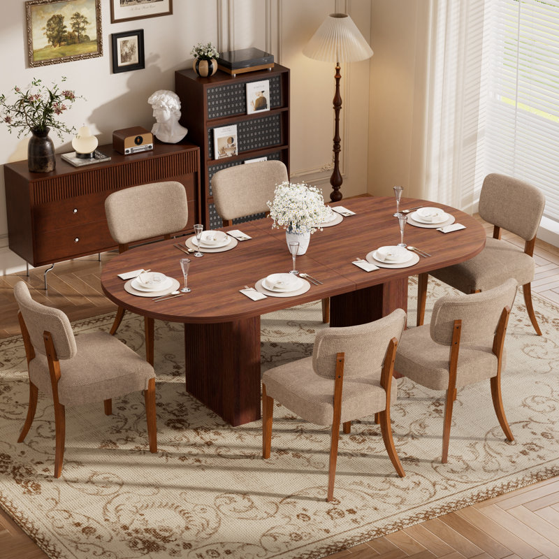 62.9in Dining Table Set with 4/6 Fabric Chairs, Modern Farmhouse for  Kitchen, Dining, Brown, Walnut, 1 Table+6 Chairs