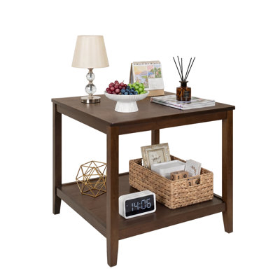 Solid Wood Square End Table, 2‑Tier  Side Table with Open Storage Shelf