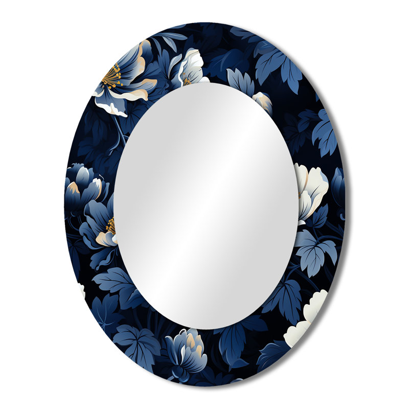 Nightfall - Motif floral bleu foncé et blanc - Grand miroir mural ovale sur métal, H 43 po x l 33 po