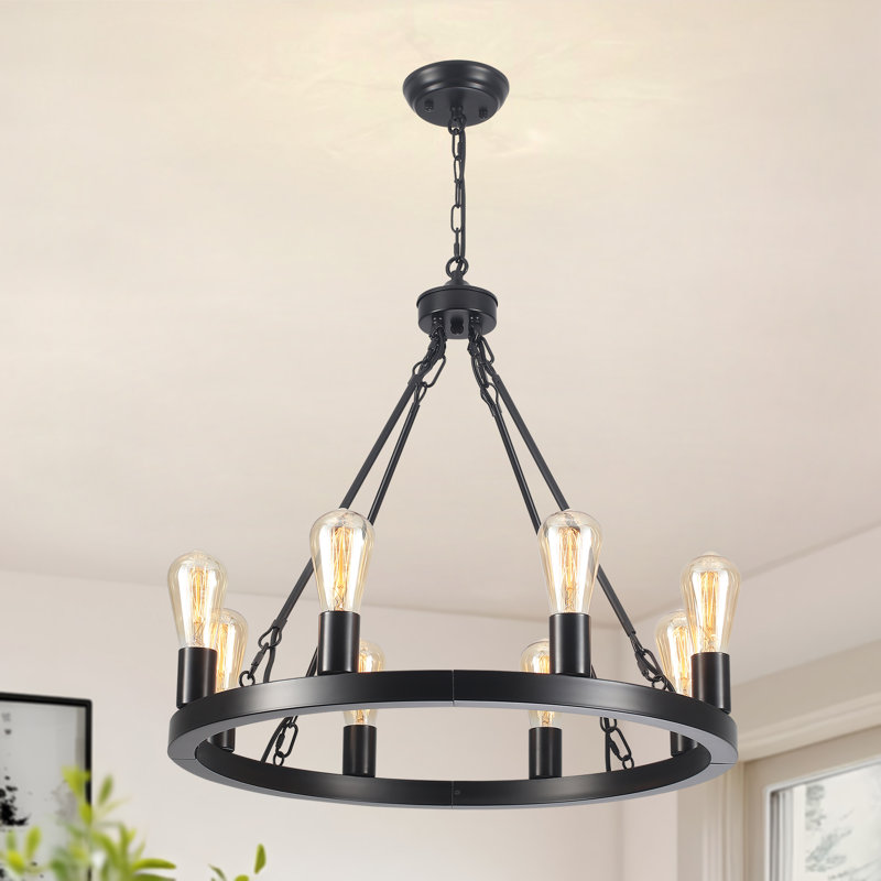 Lustre de style campagnard à 8 lumières à roulettes, Noir mat
