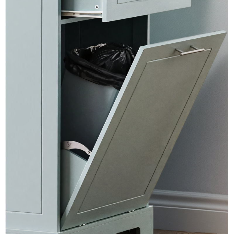 The Kitchen Island With Slots Is A 5-Wheel Rolling Unit And Includes Trash Can Storage, Electrical Outlets, Interior Storage Shelves, 3 Drawers, And 3 Open Side Shelves That Accommodate 10-Gallon Trash Cans.