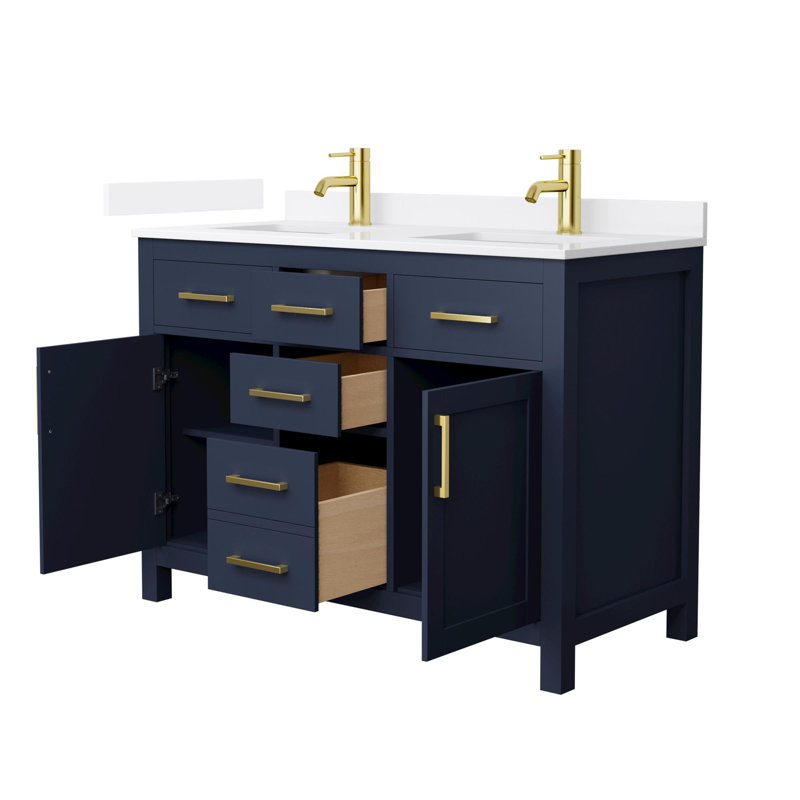 Beckett 48" Freestanding Double Bathroom Vanity with Quartz Top, Dark Blue, Brushed Gold, White Quartz