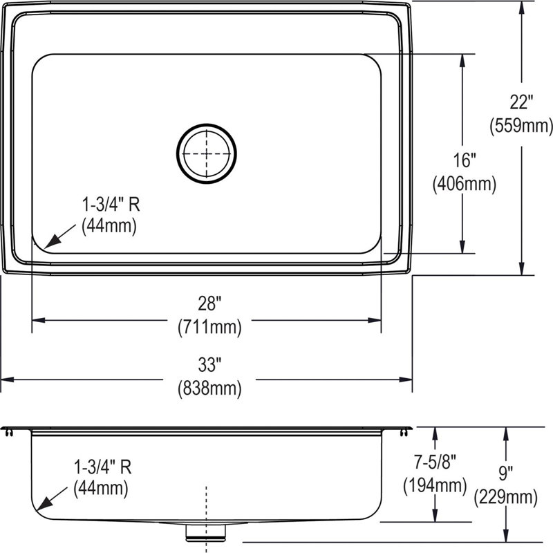 Gourmet 33" L x 22" W Lustertone Kitchen Sink with Perfect Drain, No Hole