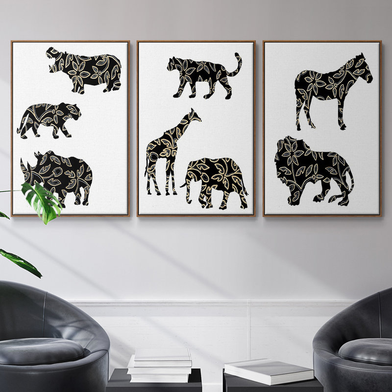 Ornementaux animaux de safari I, reproduction sur toile 3 pièces, Cadre noyer, H 48 po x l 96 po x P 2 po