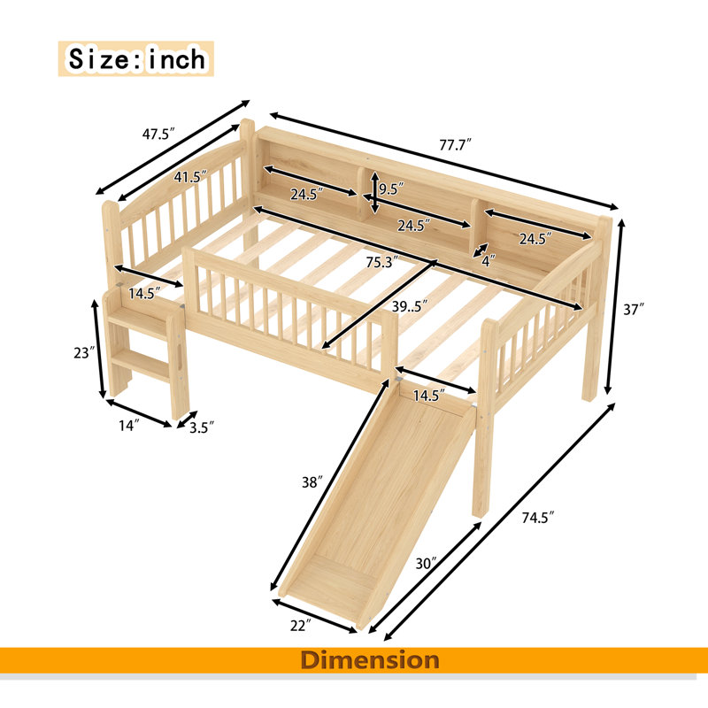 Lit mezzanine avec tablettes de rangement, lit mezzanine inférieur en bois massif avec lumières DEL et garde-corps pleine longueur, aucun sommier nécessaire