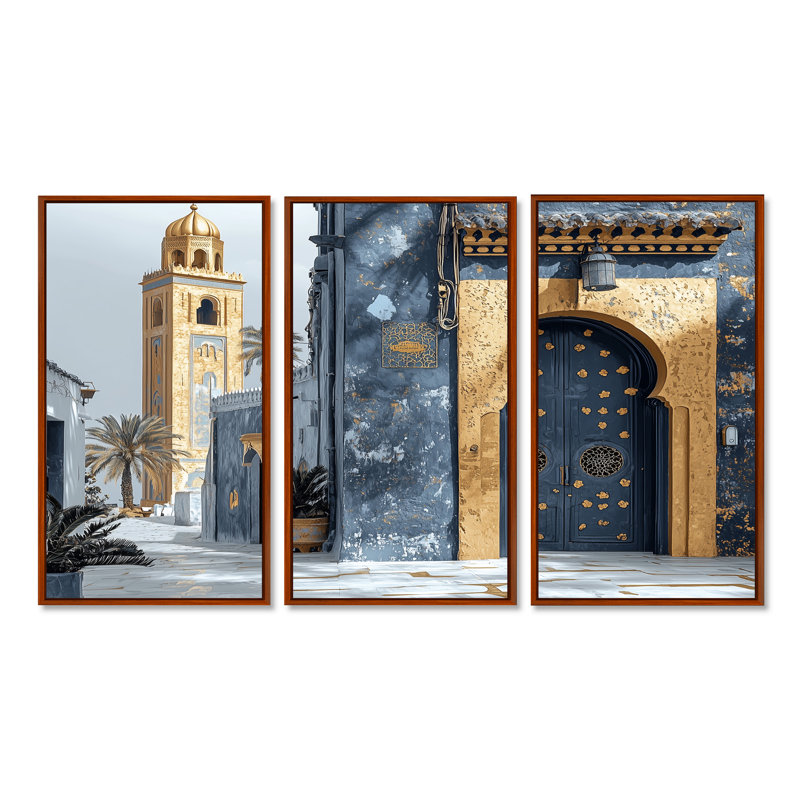 Ensemble de salon art mural or marocain Casablanca I, H 28 po x l 36 po x P 1 po, Toile avec cadre flottant brun