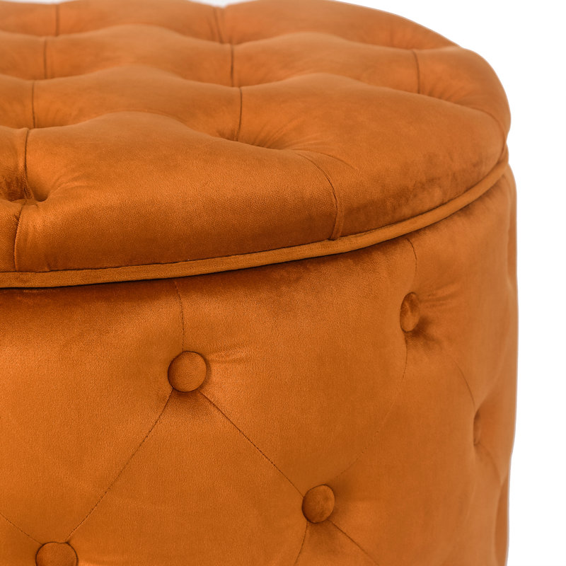Orange Velvet Tufted Round Cocktail Ottoman with Storage