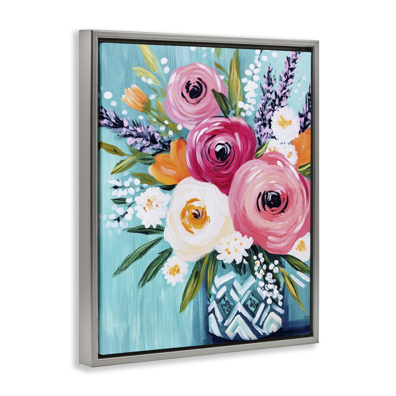 Cadre flottant décoratif vase Bouquet de Renoncule, design par Petal Prints Design, H 21 po x l 17 po