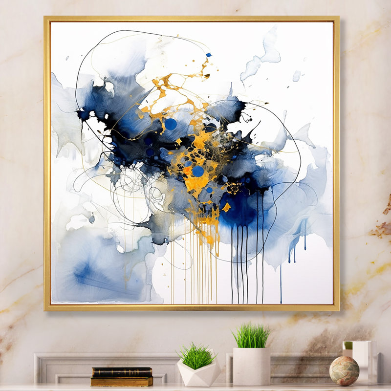 Bleu foncé et coups dorés X III, H 36 po x l 36 po x P 1,5 po, Cadre flottant doré