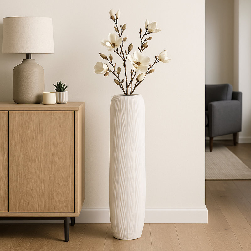 Contemporary Ceramic Tall Floor Vase for Home Decor - Minimalist Flower Vase Accent for Living Room, Entryway, and Corner Styling - White