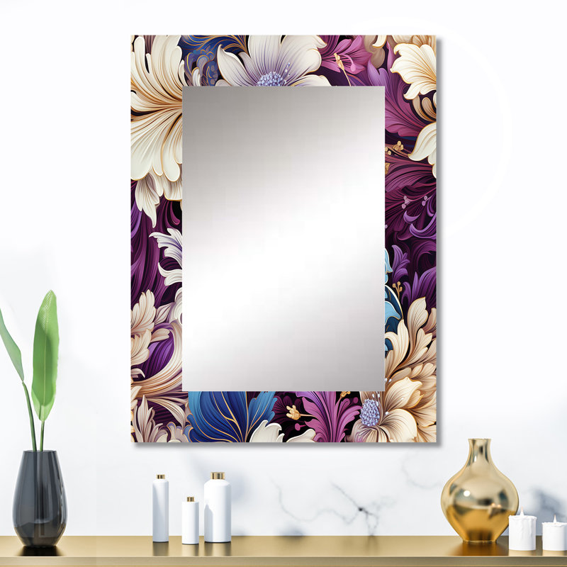 Ahais Gatsby Paisley Deco - fleurs bleues et mauves - miroir floral, miroir mural décoratif de campagne, impression d'art en métal