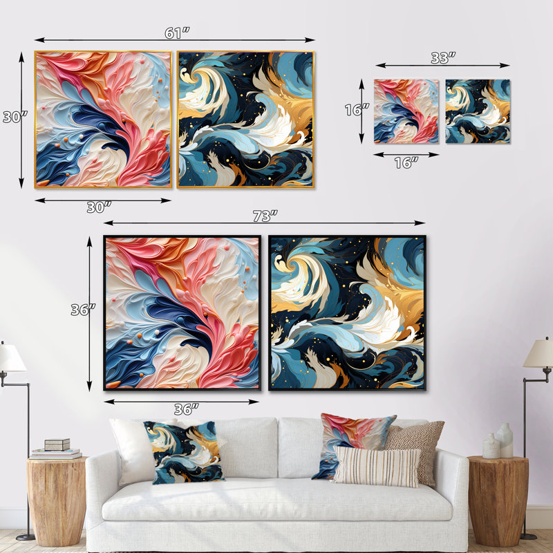 Dabne - Ensemble de 2 collages abstraits carrés, H 16 po x l 33 po, Cadre flottant doré