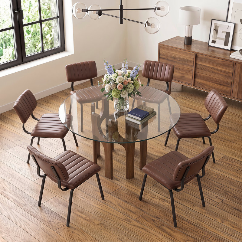 Ensemble de salle à manger rond 5 pièces en verre trempé avec chaises en similicuir, Brun