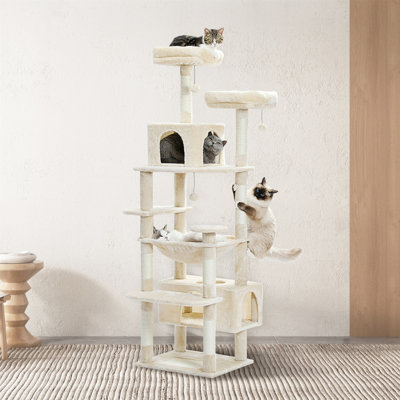 Grand arbre à chat, tour à chat pour grands chats, maisonnette pour chat avec poteaux à griffer et tampons recouverts de sisal, 2 perchoirs rembourrés, double condo et panier pour chats d'intérieur