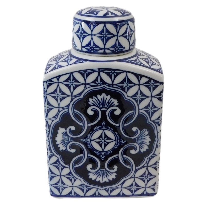 9" Blue and White Oriental Rectangular Tea Jar