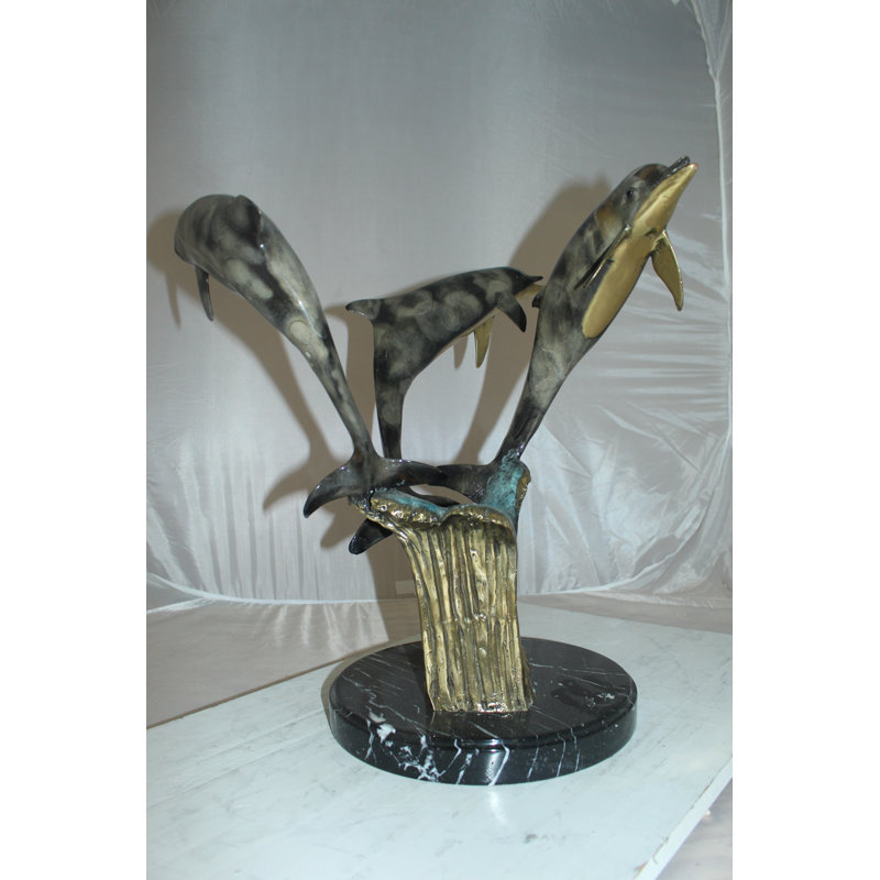 Statue en bronze Bly Three Dolphins Base de table - Taille: L 20 po x l 20 po x H 21 po.