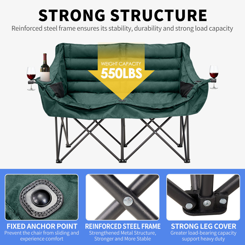 Chaise de camping double surdimensionnée Glena, chaise de camping double pour 2 personnes entièrement rembourrée avec sac de transport