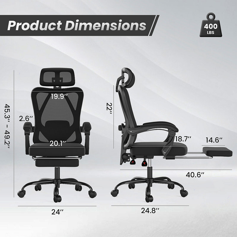 Ergonomic Office Chair With Footrest, Mesh Office Desk Chair With Headrest, High Back Computer Chair With Adjustable Lumbar Support For Home Office Study Room Bedroom, Black