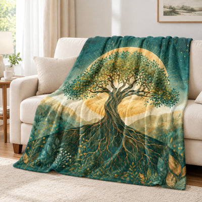 Couverture Arbre de Vie - Style aquarelle, vert et or éclatants, symbole spirituel, légère, respirante, toutes saisons, douce pour la peau, lavable à la machine, décorative, pour canapé, fauteuil, salon et chambre