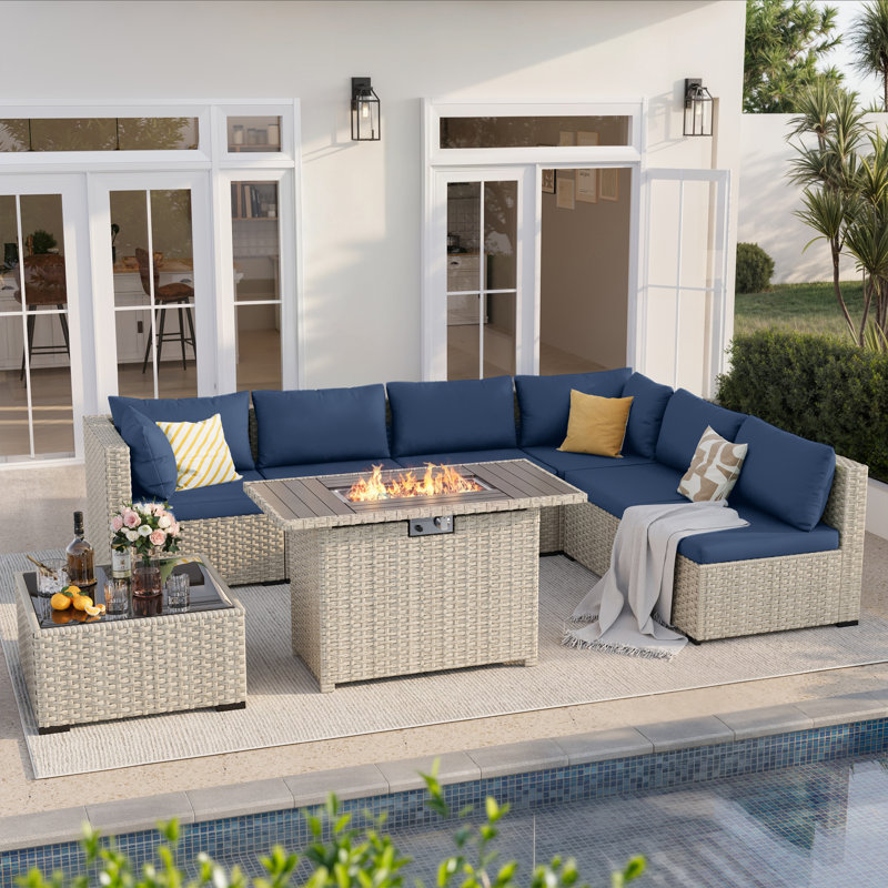 8-Piece Patio Conversation Set With Fire Pit Table, Coffee Table, And Cushions, Navy