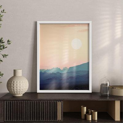 Soleil sur fond de montagnes dégradées bleues, Illustration naturelle, petit décor, œuvre d'art moderne