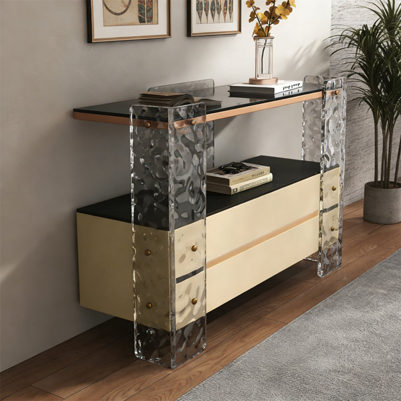 Console moderne à tiroirs en bois-acrylique, H 29,53 po x l 39,37 po x P 15,75 po, Transparent / kaki