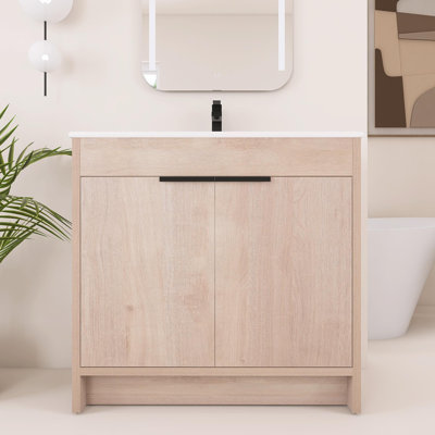 Meuble-lavabo autoportant 36 po avec lavabo en céramique blanche et 2 portes d'armoire à fermeture en douceur